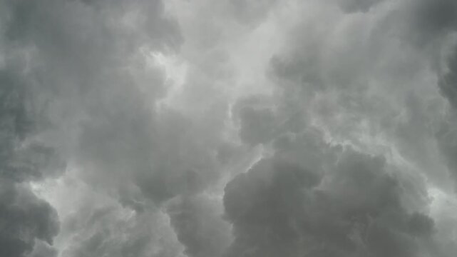 4k, panoramic view of a cloudscape of a sky with a gloomy dark storm clouds