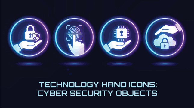 Cyber security technology hand icons, neon glowing digital safety symbols, set of 4 data protection vector elements for network privacy