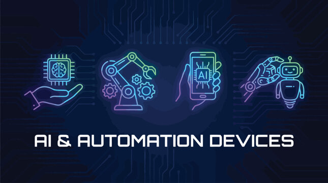 AI and automation devices banner, futuristic artificial intelligence icons with robotic arm and microchip, neon gradient technology vector