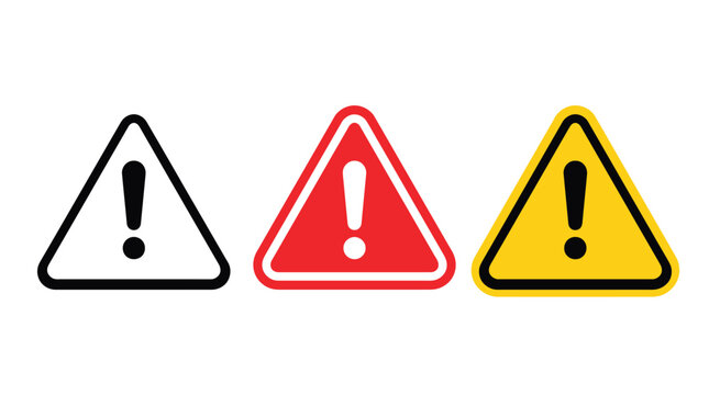 Warning triangle icons with exclamation mark, red and yellow hazard alert symbols, set of 3 caution sign vectors for safety and error notification