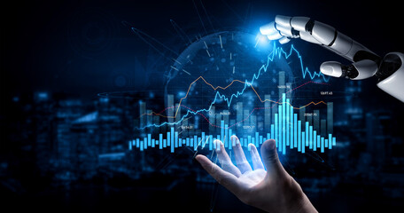 Fototapeta premium A futuristic robotic hand interacts with dynamic data visualization representing stock market trends, showcasing the blend of technology and finance in a digital world. Scalp