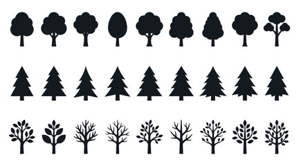 Set of black tree silhouettes collection of different forest trees, conifers, deciduous trees, and leafless trees for design elements © MstSuma