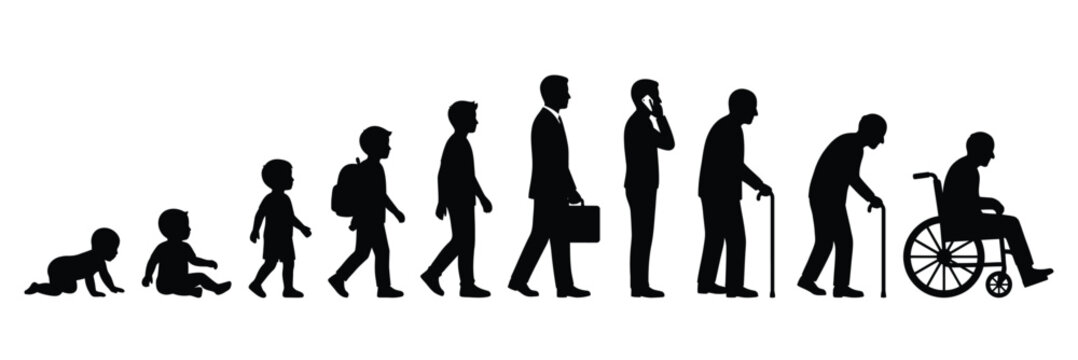 Human life cycle from infancy to old age, silhouette of a person growing from baby to elderly in a wheelchair