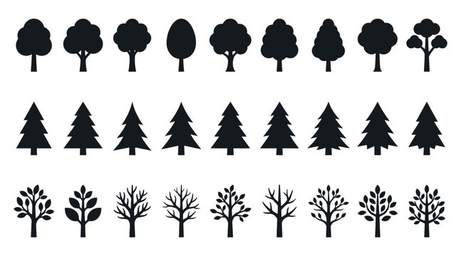 Set of black tree silhouettes collection of different forest trees, conifers, deciduous trees, and leafless trees for design elements