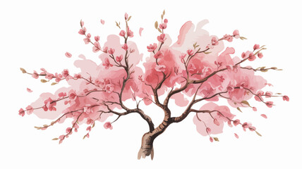 Fototapeta premium Pink cherry blossom tree, watercolor floral, spring flowers, blossoming branch