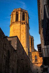 Naklejka premium Epic ancient gothic stone church basilica bell tower sunset vertical panorama view. 