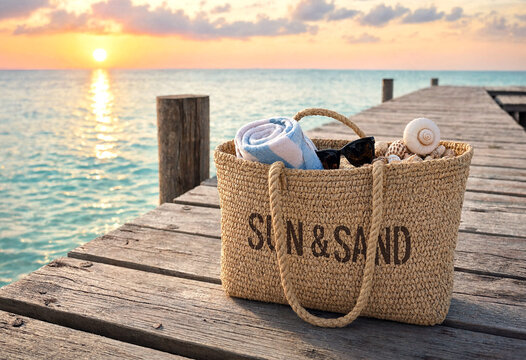 Woven beach tote bag with towels and seashells on wooden pier during sunset over ocean waves
