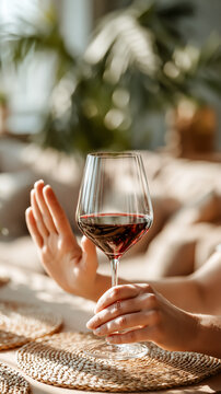 お酒を勧められて手でストップサインを出す人物