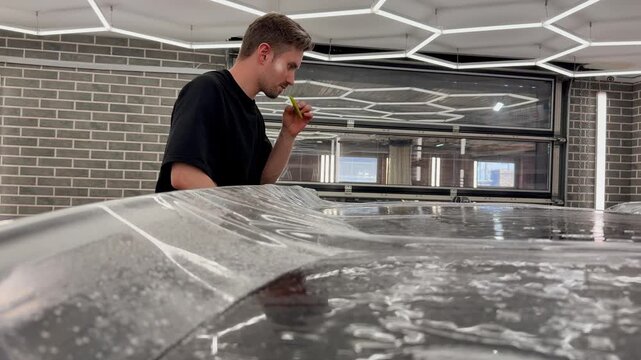 Professional car wrap installer applying a glossy transparent polyurethane paint protection film PPF on a vehicle body panel inside a premium auto detailing studio workshop.
