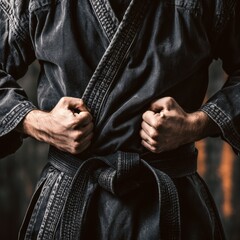 Fototapeta premium Martial artist hands clenched on black karate belt uniform