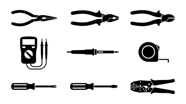 Hand Tools Vector Silhouette Collection Featuring Pliers Screwdrivers Utility Knife Tape Measure Multimeter Wire Strippers Hex Keys Workshop Equipment Electrical Mechanical Repair Illustration