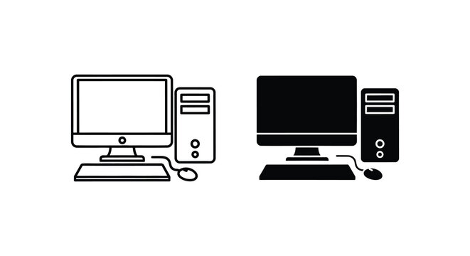 Desktop computer and peripherals black and white silhouette