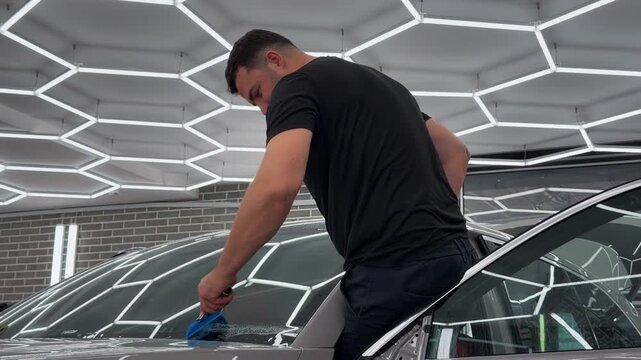 Professional car wrap installer applying a protective window film on a vehicle windshield glass to protect it from stone chips, scratches, and mechanical impacts.
