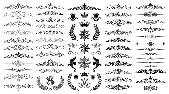 Ornate vintage flourishes, dividers, and decorative calligraphic borders.