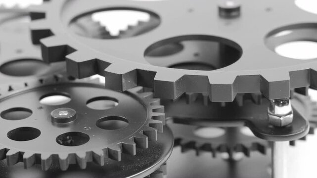 Close up shot of rotating industrial gears and cogs working together. Ideal for engineering, manufacturing, machinery, and corporate concept videos.