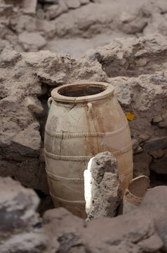 Recovered ancient pottery in prehistoric town of Akrotiri, excavation site of a Minoan Bronze Age settlement on the Greek island of Santorini