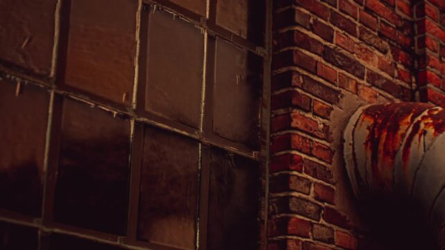 A brick wall has a large window with many panes. There is a pipe that runs along the wall. The setting is an urban area during the evening with dim light.