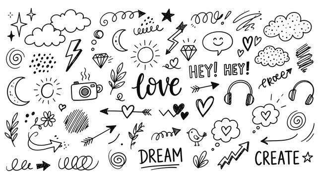 Set of hand drawn doodle elements, including clouds, stars, hearts, arrows, speech bubbles, sun, moon, camera, headphones, and motivational words