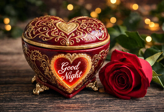 Beautiful decorative heartshaped box with good night message and red rose on wooden table