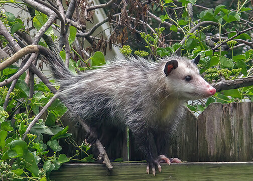 Opossum on a garden fence.