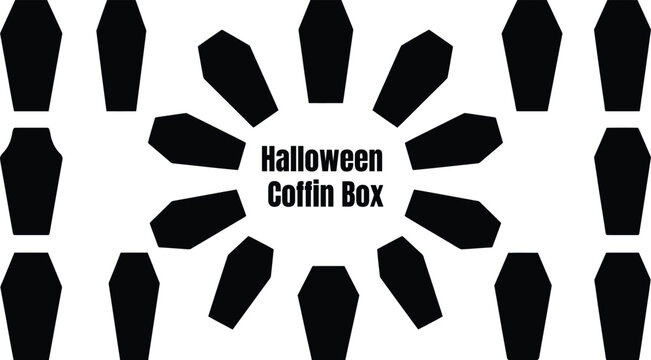 Black coffin shapes arranged around Halloween Coffin Box text on white background