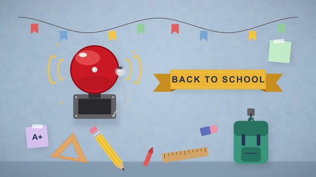 Back to school bell and object background on wall seamless loop
