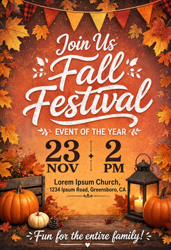 Colorful autumn festival poster with pumpkins leaves and lanterns for family fun event celebration