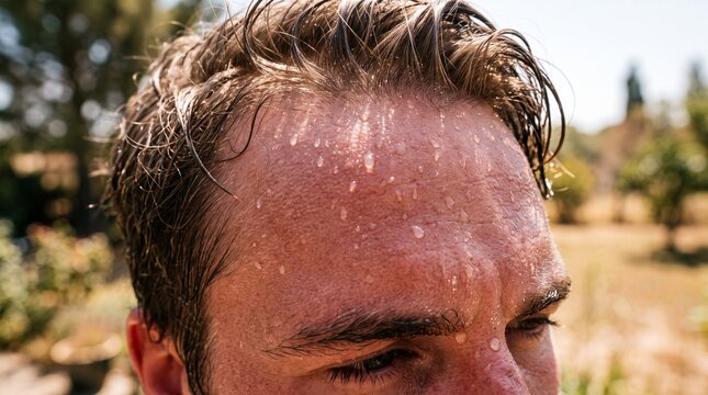 Close up of a man sweating on a hot sunny day