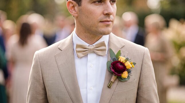 A man in a beige suit and bow tie stands confidently at an outdoor wedding event with a beautiful floral boutonniere on his lapel.
