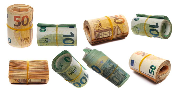 Set money rolls, rolled up hundred and fifty euro banknotes, bills tied up with rubber band isolated on white background