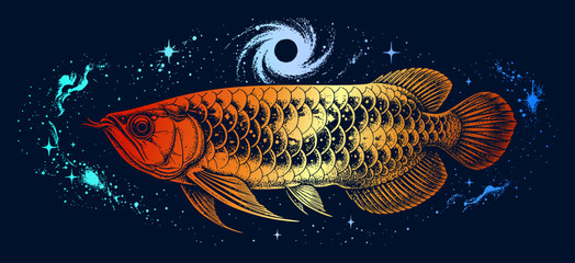 Cosmic Golden Arowana Fish Swimming in Galaxy Space with Black Hole © Rusa