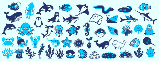 Cute Blue Sea Life Icons and Underwater Creature Vector Set © Rusa