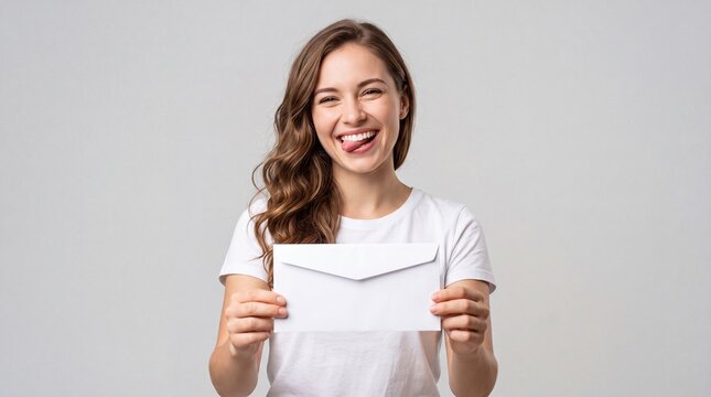 A smiling young woman holding a blank white envelope in front of her face on a light gray background