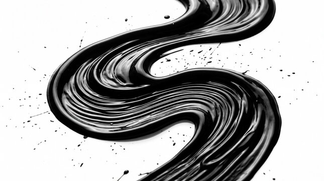 A swirling black liquid on a white background with splatters and ripples