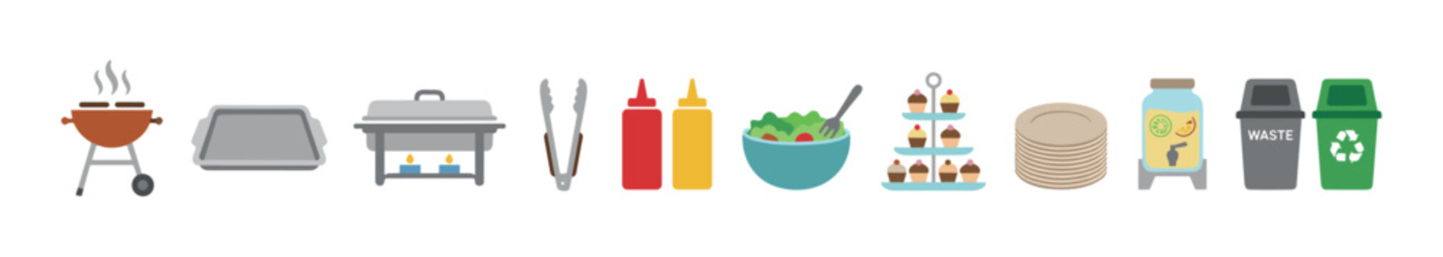 Various barbecue and party food service items, including a grill, chafing dishes, salad, cupcakes, and recycling bins, are arranged for an outdoor event.