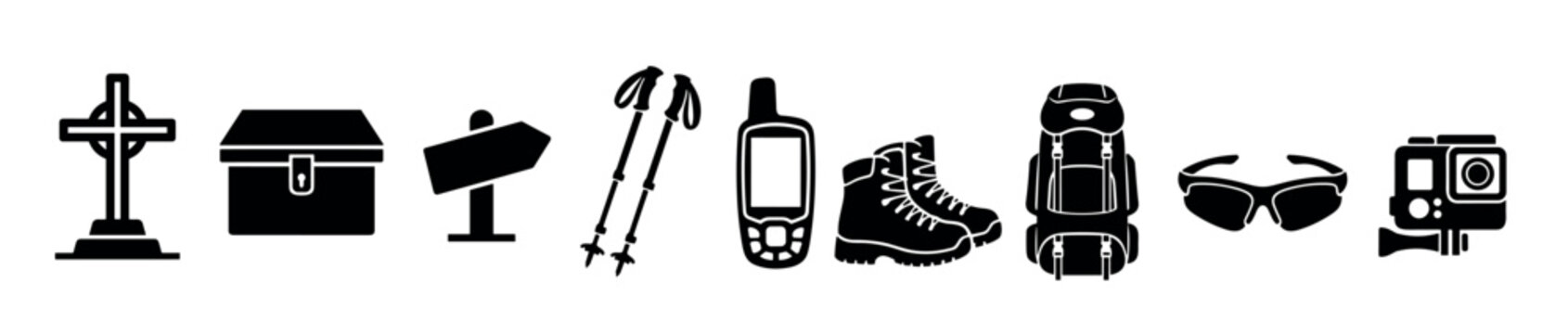Outdoor adventure and hiking equipment icons featuring a cross, chest, signpost, trekking poles, GPS device, boots, backpack, sunglasses, and action camera.