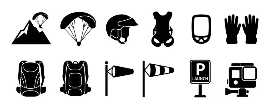 Paragliding and skydiving equipment icons set for extreme sports adventures, including helmets, harnesses, GPS, gloves, backpacks, wind socks, and launch signs.