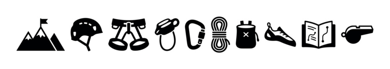 Fototapeta premium Climbing gear icons set illustrating essential equipment for mountaineering, rock climbing, and challenging outdoor adventure sports.