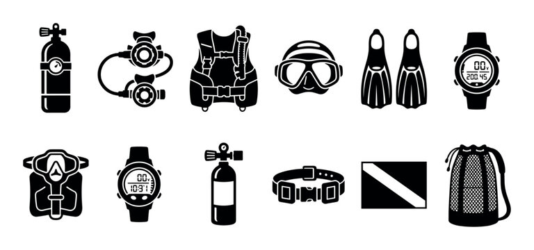 Scuba diving equipment icons set featuring essential gear for underwater exploration, safety, and marine adventure sports activities.