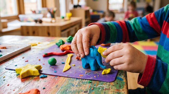 Childs hands molding colorful playdough into an elephant sculpture on a messy wooden table