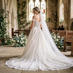 Fototapeta premium Elegant bride in lace wedding dress with long veil standing in historic church decorated with white flowers