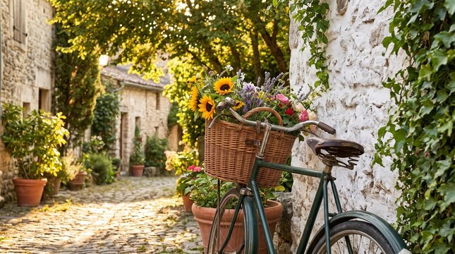 Vintage bicycle with basket of summer flowers leaning against stone wall in old village