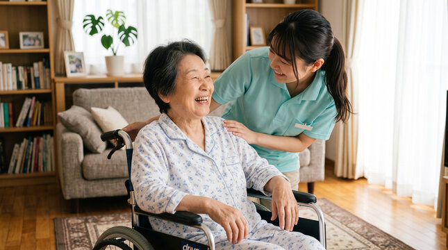 Smiling elderly woman sitting in a wheelchair laughing while a kind young caregiver in a light blue uniform provides support and comfort in her home