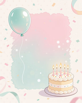 Illustration for a birthday celebration in a soft, pastel style, featuring a cake with lit candles and a balloon against a cream background with confetti.