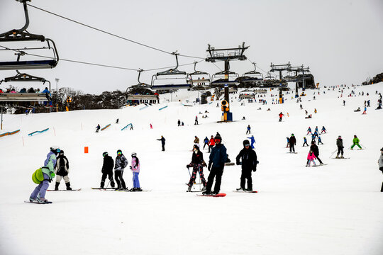 Skiers and Snowboarders on the Snowy Slopes of Perisher Valley