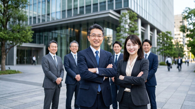 Professional team of diverse Japanese business people standing confidently outside a modern glass corporate office building while wearing formal dark suits and smiling at the camera