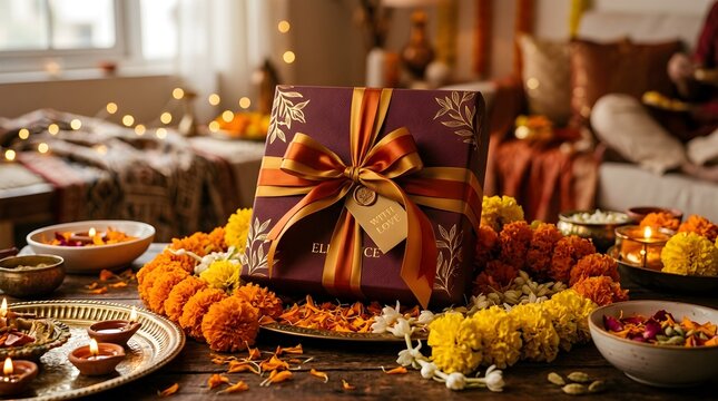 Diwali gift box with silk ribbon, traditional Indian festival hamper with marigold flowers and diya lamps, festive holiday celebration gift isolated on White Background