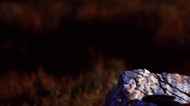A hammer is resting on a rough rock surface in a mountain area. The background shows fading light as sunset approaches. The setting is remote and natural.