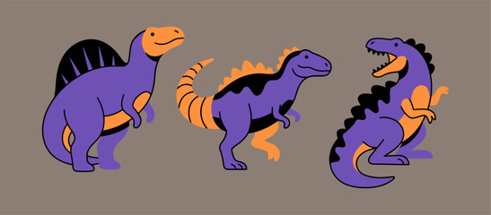 Fototapeta premium Trio of dinosaur characters in flat design featuring vibrant purple and orange color palettes.