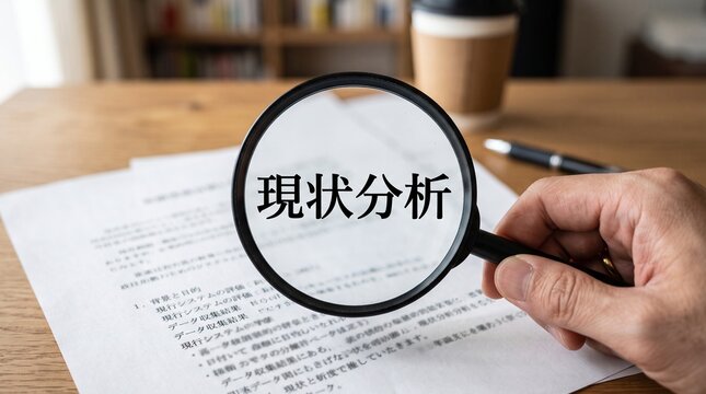 Business professional examines a document with a handheld magnifying glass to clearly highlight the Japanese text which translates to current status analysis in a bright office